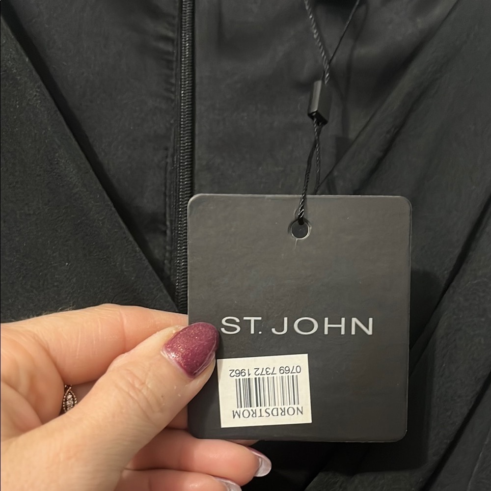St. John Silver and Black V-neck 3/4 Sleeve Silk Dress with Side Slit NWT 2 - Picture 2 of 9